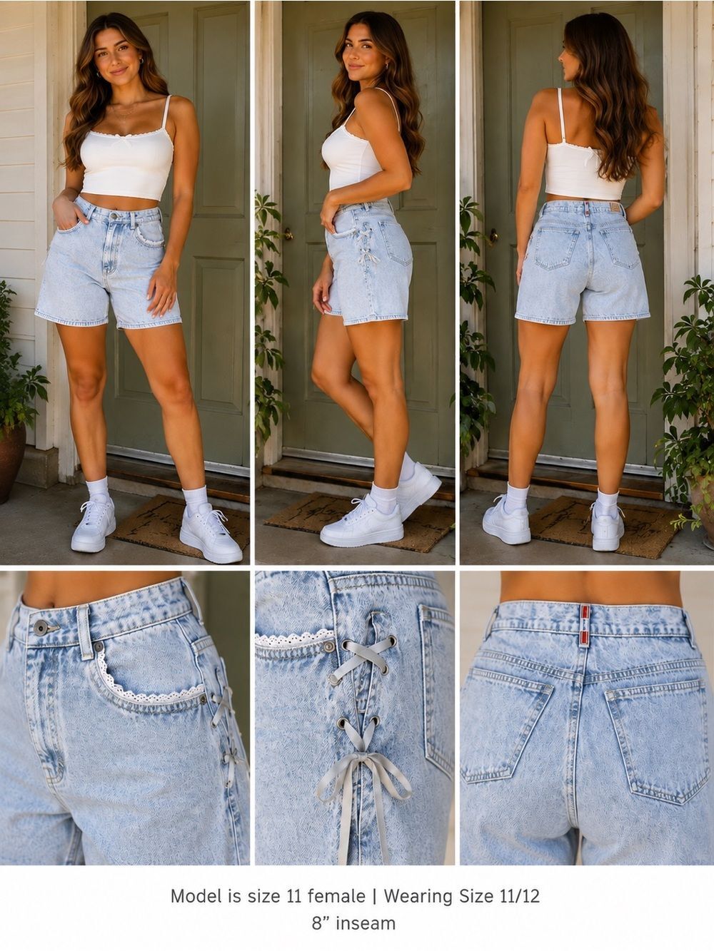 Filippo Vintage Light Wash Denim Bermuda Shorts Women’s 11/12 Ribbon Lace 8”